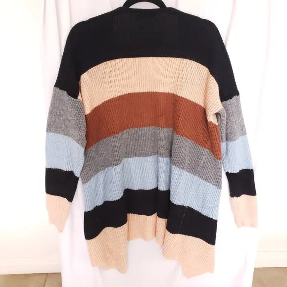 Ecowish Multicolor Colorblock Striped Long Knitted Cardigan Sweater Size L - Picture 11 of 14